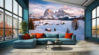 Alpe di Siusi with snow in winter, Dolomites, Italy Wall mural