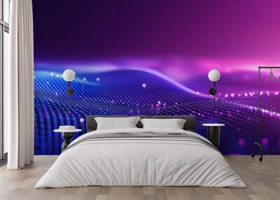 Abstract background with blue purple gradient and futuristic hexagon mesh waves of glowing dots on dark space Wall mural