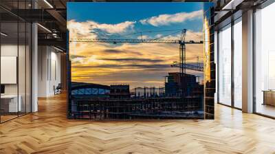 Downtown construction with crane Wall mural