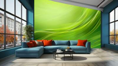 A smooth green background features flowing waves and curves, creating a calming design with light and natural elements in a seamless illustration. Wall mural