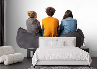 Friends watching TV on single bean bag cushion Isolated on transparent background. Wall mural