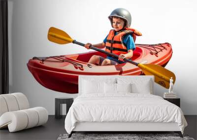 Rowing. young boy kid Beginner kayaker in red canoe on transparent background. Wall mural