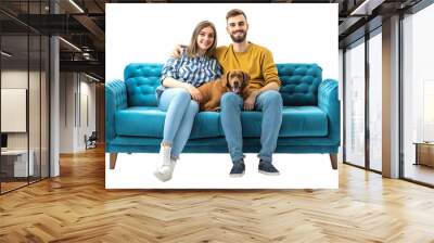 Young couple sitting with a dog on a modern sofa Isolated on transparent background. Wall mural