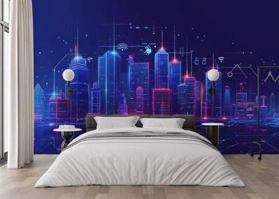 Smart city on a dark blue background, featuring intelligent infrastructure and connected buildings. This futuristic cityscape showcases IoT, 5G and AI integration.
 Wall mural