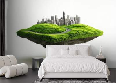 3D illustration of Floating island with city building and flying green grass field landscape, round soil ground cross section with earth land and modern city on white background Wall mural