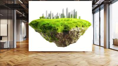 3D illustration of Floating island with city building and flying green grass field landscape, round soil ground cross section with earth land and modern city on white background Wall mural