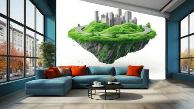 3D illustration of Floating island with city building and flying green grass field landscape, round soil ground cross section with earth land and modern city on white background Wall mural