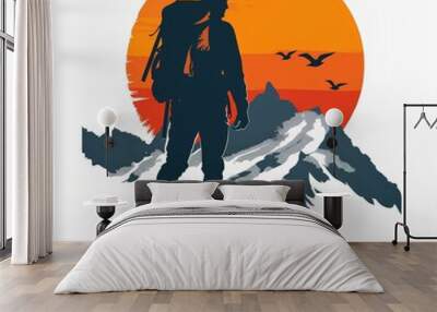 Abstract Man backpack and trekking hiking silhouette with mountain emblem design vector illustration on white background Wall mural