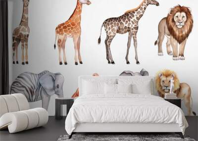 Adorable watercolor safari animals illustration of a giraffe, elephants, tiger, flamingo, deer, lion, and zebra, wildlife tropical leaves and flowers on a white background Wall mural