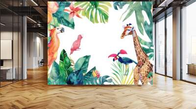 Adorable watercolor safari animals illustration of a giraffe, elephants, tiger, flamingo, deer, lion, and zebra, wildlife tropical leaves and flowers on a white background Wall mural