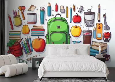 Back to school elements and education doodle clipart sketch outline illustration on white background Wall mural