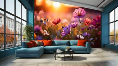 Beautiful cosmos meadow flowers field with sky background, Colorful wild flower or summer nature spring flower art Wall mural