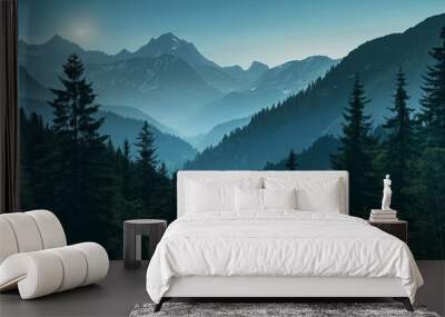 Beautiful mountain landscape with dark green pine tree forest and copy space illustration background Wall mural