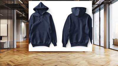 Blank navy blue hoodie sweatshirt long sleeve front and back view mockup with clipping path, hoody for design mockup for print, isolated on white background Wall mural