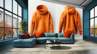 Blank orange hoodie sweatshirt long sleeve, men hoody with hood for your design mockup for print, isolated on white background Wall mural