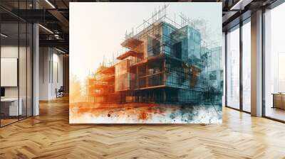 Building construction engineer illustration with double exposure graphic design and Building engineers, architect people or construction workers working Wall mural