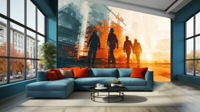 Building construction engineer illustration with double exposure graphic design and Building engineers, architect people or construction workers working Wall mural