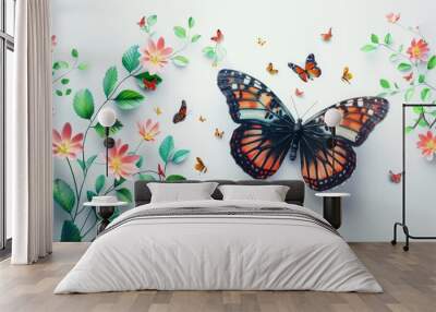 butterfly with flowers leaves and butterflies flying around it's wings, 3D illustration on a white background --ar 3:2 Job ID: 695aa84d-8d79-4629-a52e-b27986e279b7 Wall mural