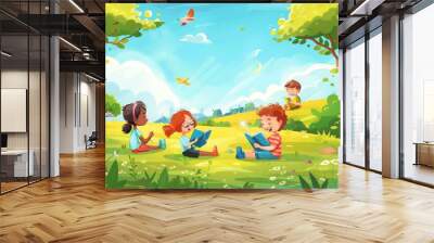 Children Reading Book and children playing At garden fields with kids school sky background landscape vector cartoon illustration Wall mural