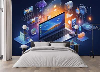 Cloud services and business people touch laptop user interface with technology concept isometric illustration background Wall mural