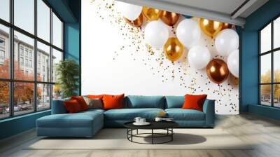 Colorful balloons confetti ribbon with anniversary and birthday festive decoration on white Background Wall mural