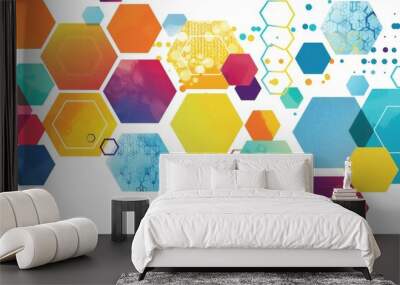 Colorful Geometric Hexagons shape with simple hexagon line art vector illustration on white background Wall mural