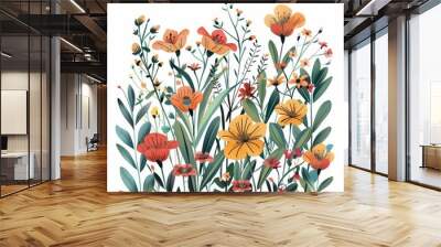 Colorful line art of meadow and wildflowers with lush green leaves, featuring vivid floral branches, vector illustration on a clean white background Wall mural