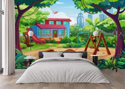 Colorful vector cartoon illustration of a kid playground in a park, featuring a kindergarten building, swings, sandbox, and lush garden, all set in a city schoolyard Wall mural