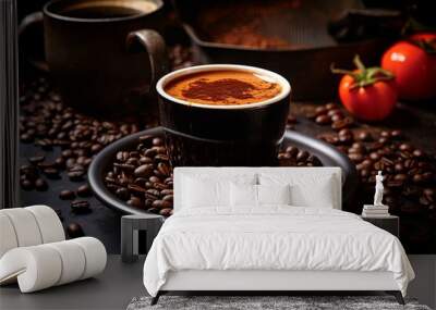 Cup of coffee with coffee beans closeup dark background Wall mural