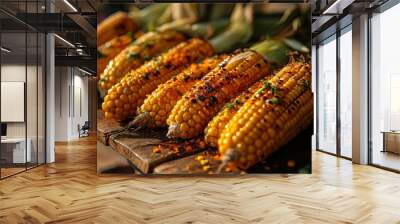 Delicious grilled fresh corn background. Cooked corn cobs with herbs and spices on barbecue grill. Wall mural