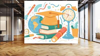 Education elements illustration with Education day and Back to school poster, earth globe, graduation cap, pencil, book on white background Wall mural