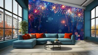 Festival fireworks background, New Year bokeh abstract dark sky, firework banner and traditional celebration background vector illustration. Wall mural