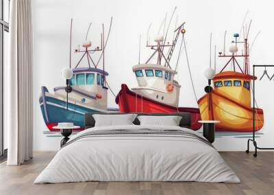 Fishing vessel boats cartoon vector illustration isolated on white background Wall mural