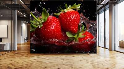 Fresh strawberry fruits juice and healthy food summer beverage concept with falling into ice water drop splash background Wall mural