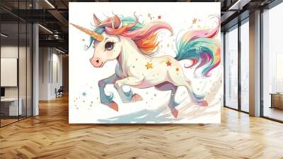 Magical cute unicorn and rainbow illustration isolated on white background Wall mural