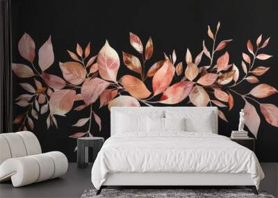 Pastel watercolor Rose Gold Leaves Florals Foil leaves line art style decoration on black background Wall mural