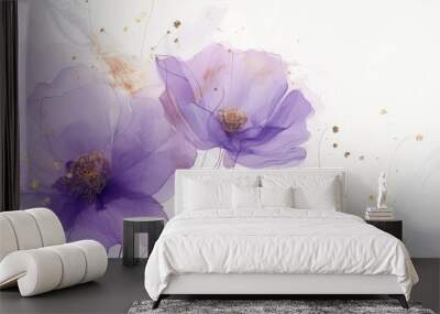 Purple Watercolor flowers with gold glowing and glitter line art illustration on white background Wall mural