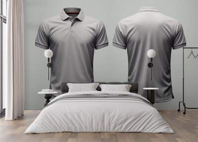 Realistic gray polo shirts mockup front and back view design template isolated on white background, 3d rendering Wall mural