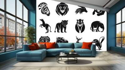 Set of Animals emblem logo design with black animal line art icon vector illustration on white background Wall mural