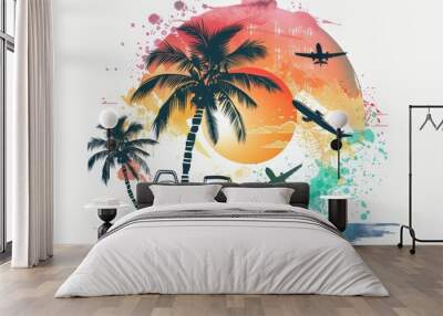 Summer tropical Palm tree, umbrella silhouette in Sunset on the beach with circle badge vector illustration clipart on white background Wall mural