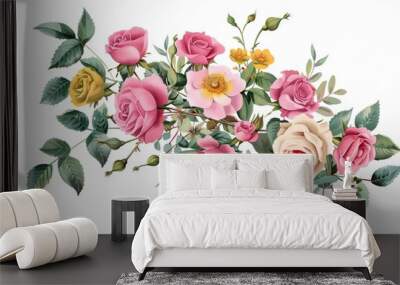 Vibrant botanical branch adorned with pink roses, yellow flowers, green foliage, and garden wildflowers, vector illustration on white background Wall mural