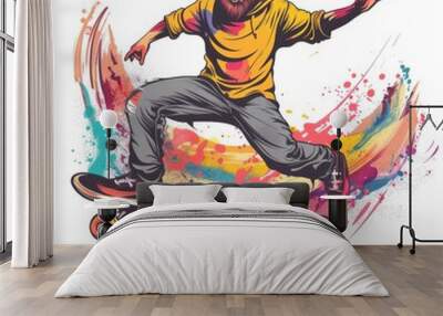 Vintage cartoon funny young man silhouettes riding a skateboard sports graffiti style with colorful splash illustration on white background Wall mural