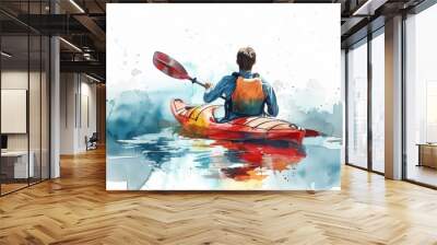 Watercolor back view young man paddling silhouette with Kayaking on the river for waterfall with sunset badge illustration on white background Wall mural