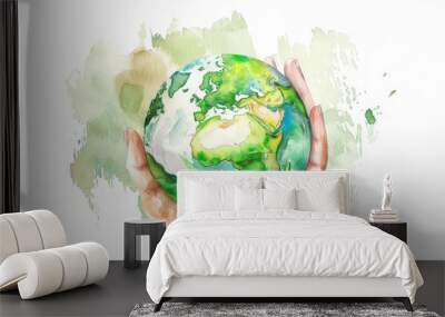 Watercolor World Environment day concept for hand holding globe map with green planet environment illustration background Wall mural