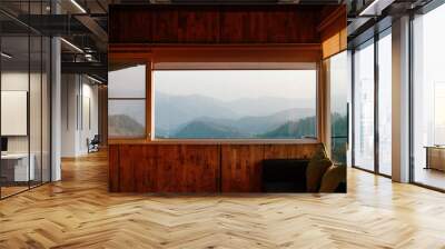 Morning forest and mountain view from wooden cabin living room in Chiang Mai, Thailand Wall mural