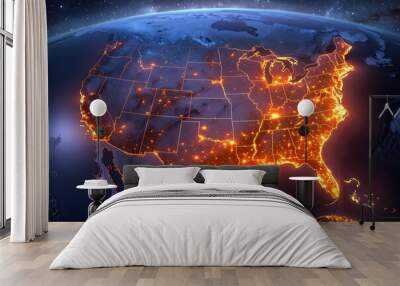 Glowing political map of the United States at night..USA Wall mural