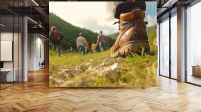 Back view of a group of a tourists hiking in a summer mountains, Generative AI Wall mural