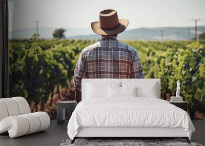 Back view of a man walking among the vineyard, Generative AI Wall mural