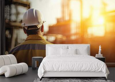 Back view of a man wearing safety helmet at construction site, Generative AI Wall mural