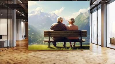 Back view of senior couple sitting on a bench and enjoying wonderful view of a mountains valley, Generative AI Wall mural